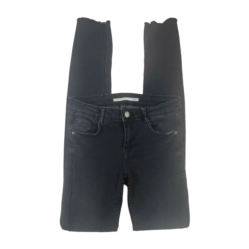 Zara Trafaluc Jeans 4 Womens Black Light Distressed Low Rise‎ Raw Hem Skinny